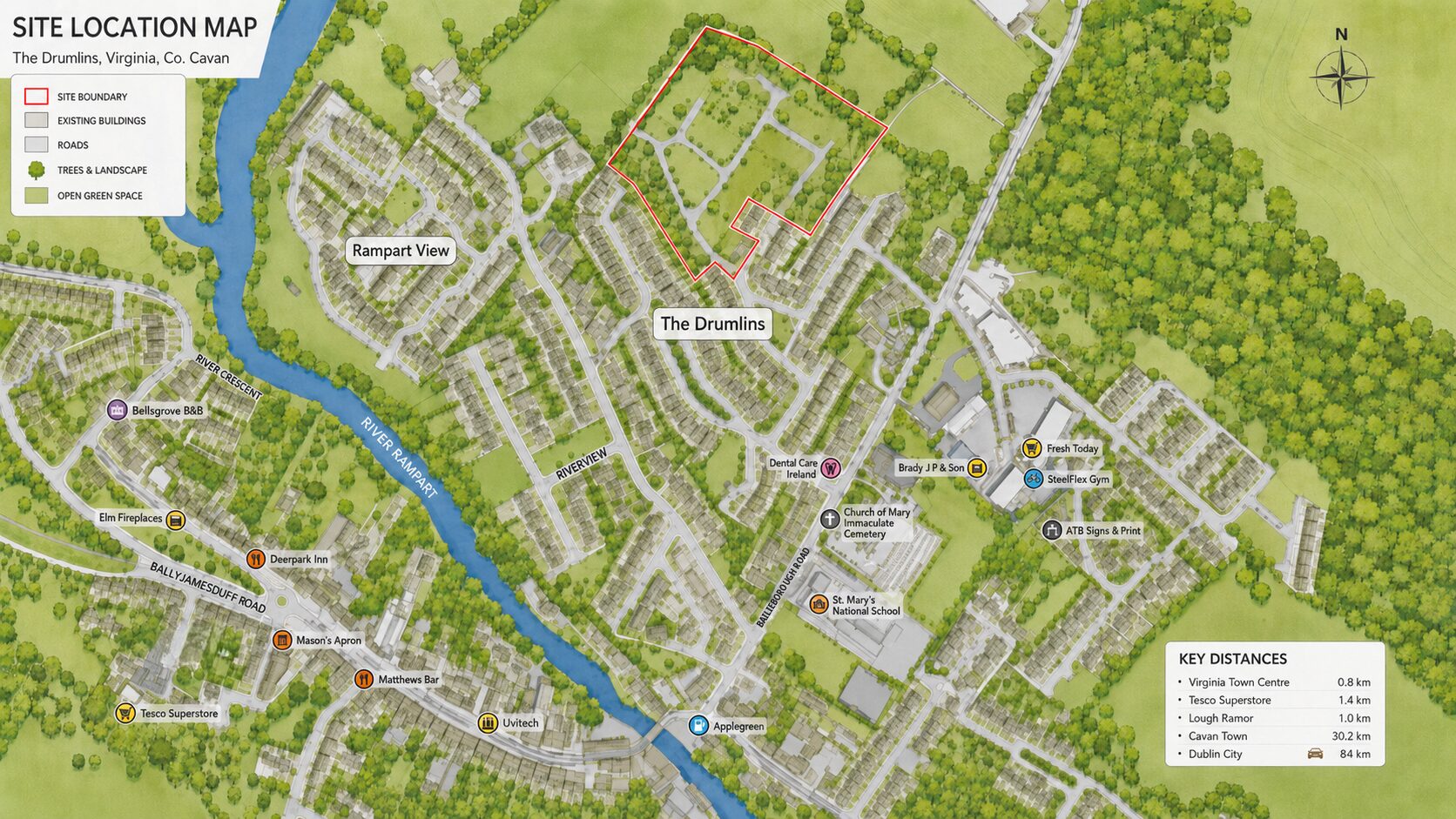 Illustrated map of Virginia, County Cavan, showing The Drumlins and nearby amenities