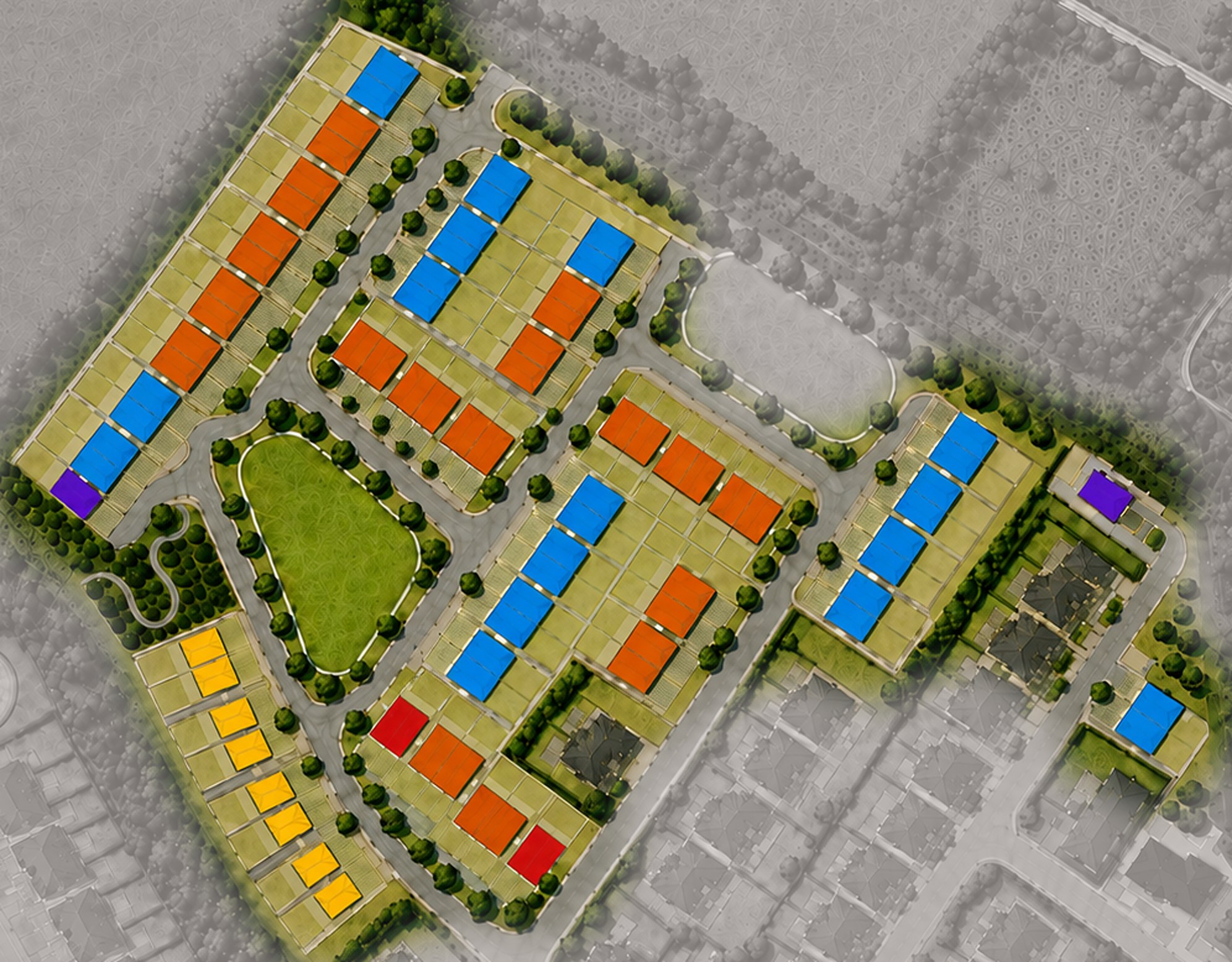 Site plan of The Drumlins, with every home numbered and coloured by house type
